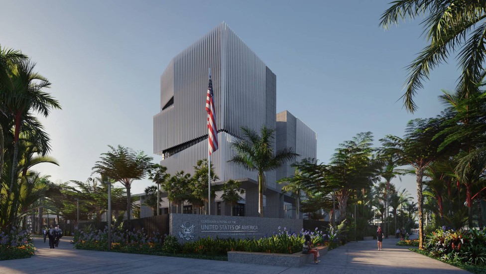 Fachada moderna do Consulado dos Estados Unidos no Rio de Janeiro cercada por palmeiras