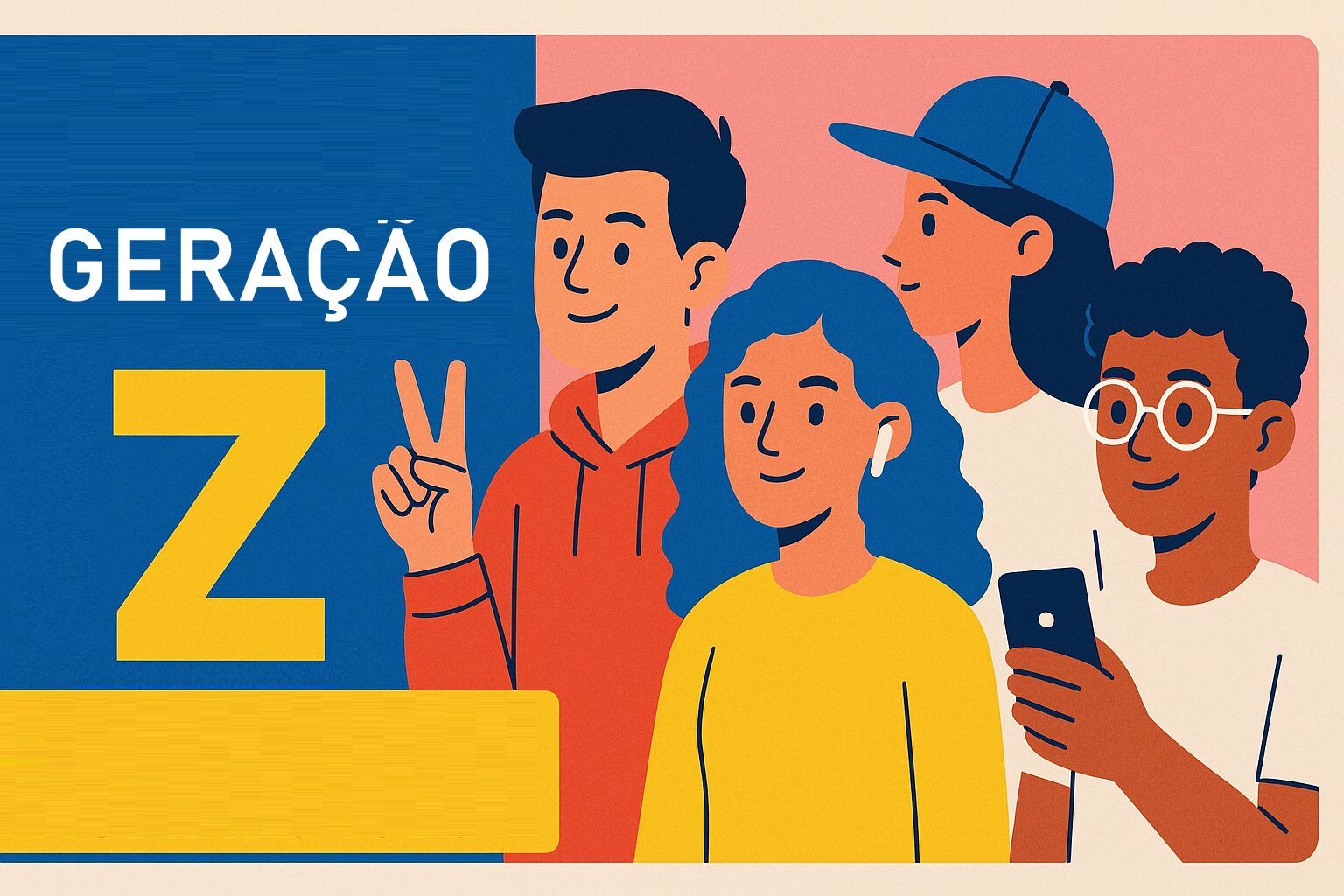 Ilustração colorida mostrando quatro jovens da Geração Z, com estilos diversos, posando de forma descontraída sobre fundo dividido entre azul e rosa.
