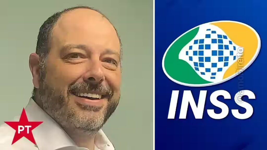 Composição mostrando à esquerda homem sorridente de barba grisalha vestindo camisa branca com logotipo vermelho em forma de estrela do PT abaixo, e à direita logotipo oficial do INSS com esfera azul quadriculada sobre círculos verde e amarelo em fundo azul