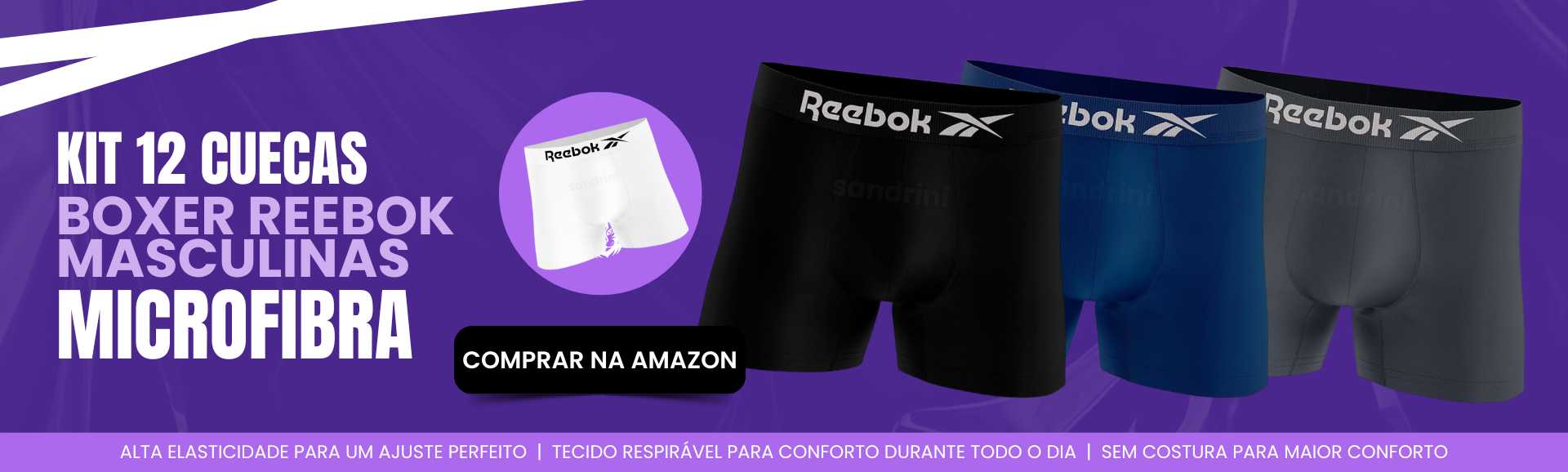 Kit 12 Cuecas Boxer Reebok Masculinas Microfibra. Alta elasticidade, respirável, sem costura. Comprar na Amazon.