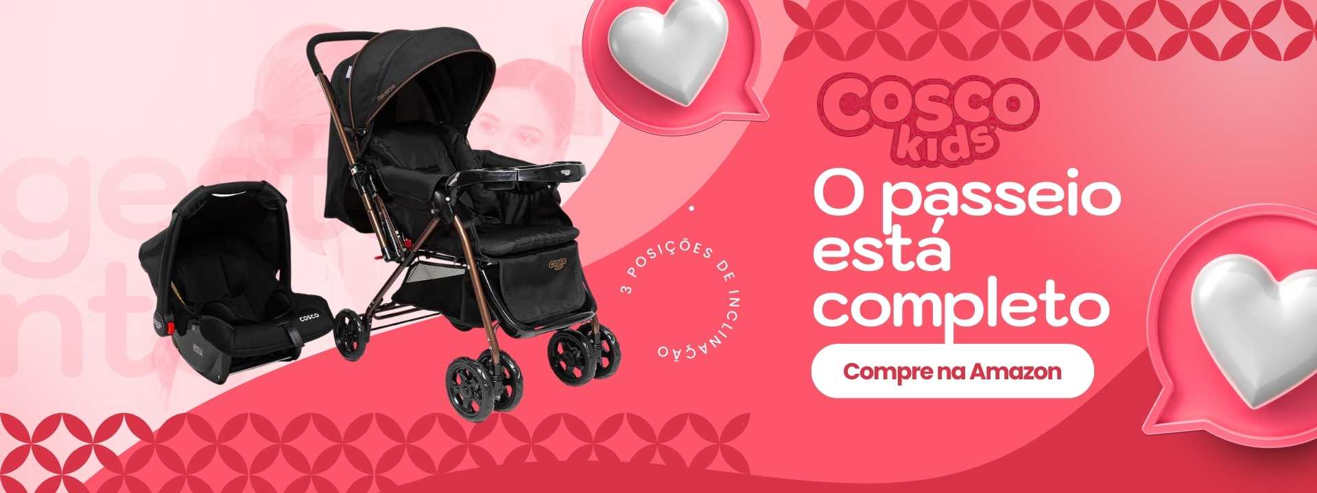 Banner promocional com fundo rosa exibindo um carrinho de bebê preto e um bebê conforto da marca Cosco Kids.