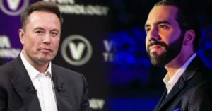 Montagem colocando lado a lado o bilionário Elon Musk, à esquerda, e o presidente de El Salvador, Nayib Bukele, à direita, simbolizando a parceria tecnológica.