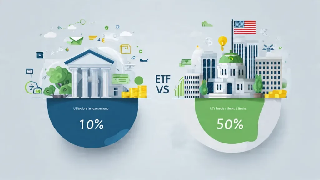 Infográfico ilustrativo comparando a adesão a ETFs: lado esquerdo azul com banco e 10% (Brasil) versus lado direito verde com Capitólio, bandeira dos EUA e 50%.