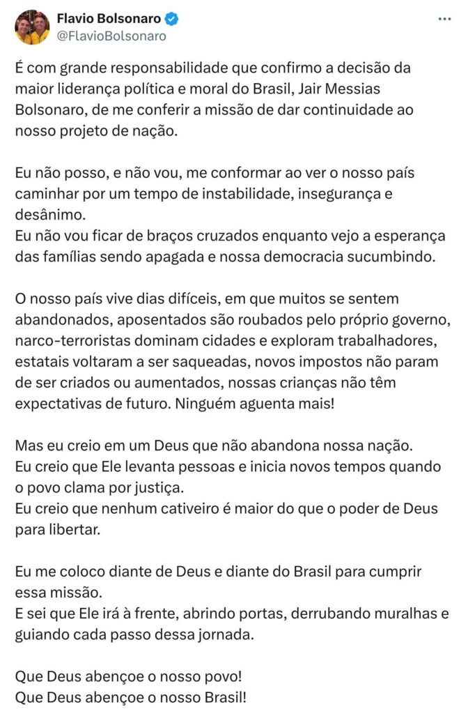 Captura de tela de publicação de Flávio Bolsonaro nas redes sociais confirmando sua pré-candidatura.