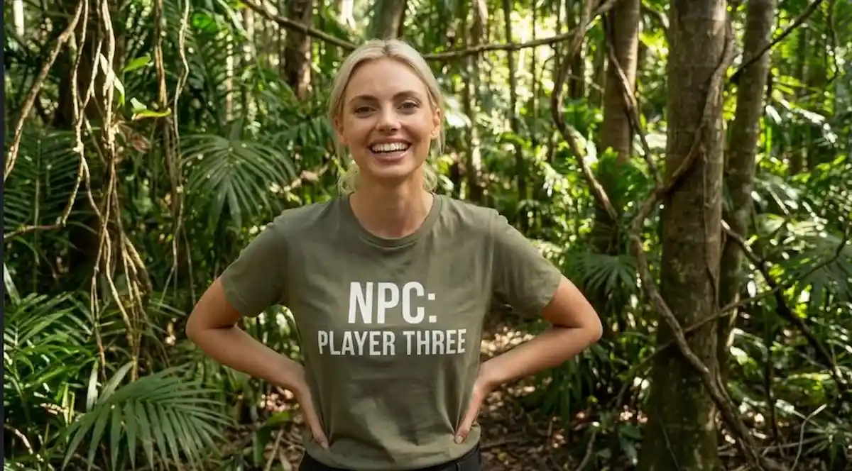 Avatar feminino loiro segurando um fuzil de assalto em posição de combate dentro de uma floresta tropical.