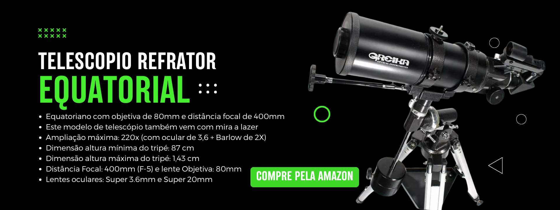 Telescópio refrator equatorial com objetiva de 80mm e tripé, ideal para observação de objetos celestes como o Cometa 3I/ATLAS.